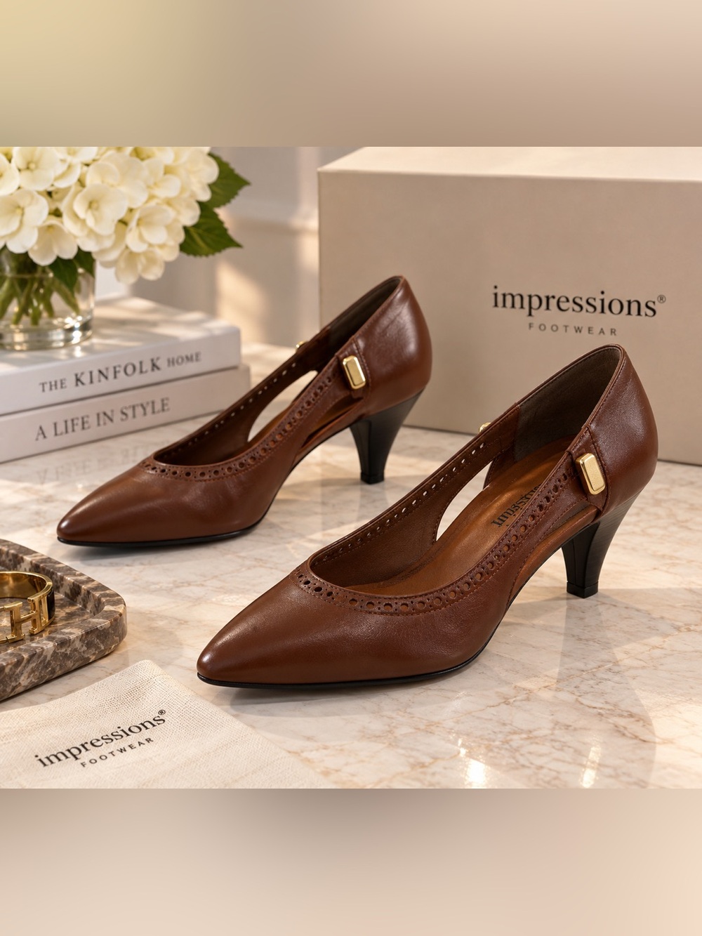 Impressions Brown Pointed Leather Mid-Heel Pumps Sz 6
